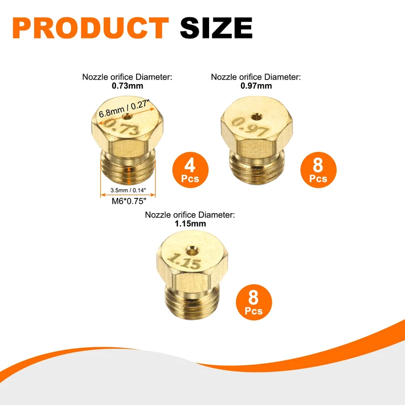 4Set Brass Jet Nozzles, M6 x 0.75 Gas Conversion（0.73/0.97/1.15mm） Replaces