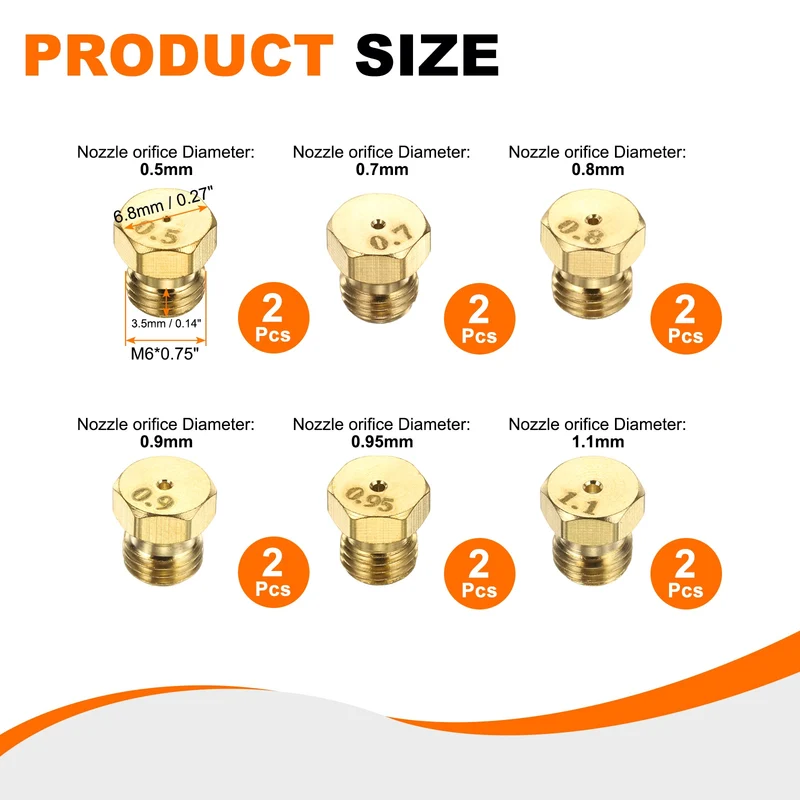 1Set Brass Jet Nozzles, M6 x 0.75 Gas Conversion Kit（0.5/0.7/0.8/0.9/0.95/1.1mm)