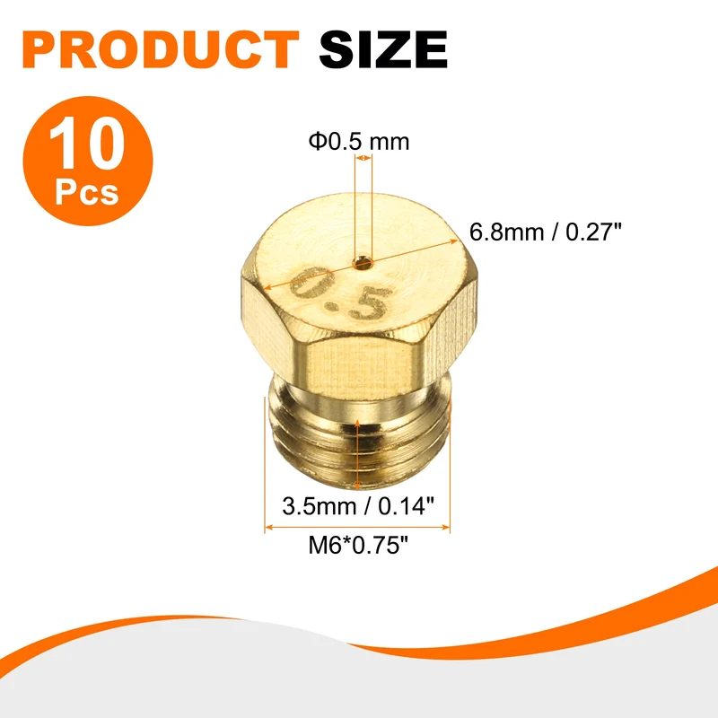 10Pcs Brass Jet Nozzles, M6 x 0.75 Gas Conversion Kit（0.5mm） Replacement Part