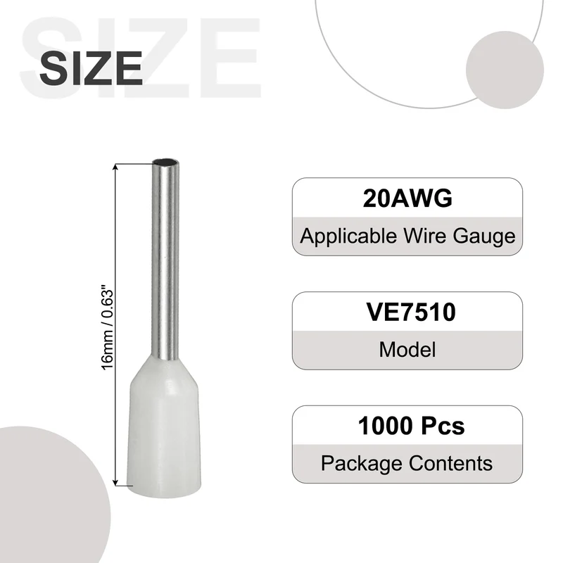 1000Pcs 20AWG Wire Ferrules Connectors VE7510 White