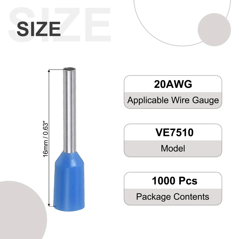 1000Pcs 20AWG Wire Ferrules Connectors VE7510 Blue