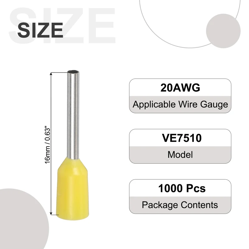 1000Pcs 20AWG Wire Ferrules Connectors VE7510 Yellow