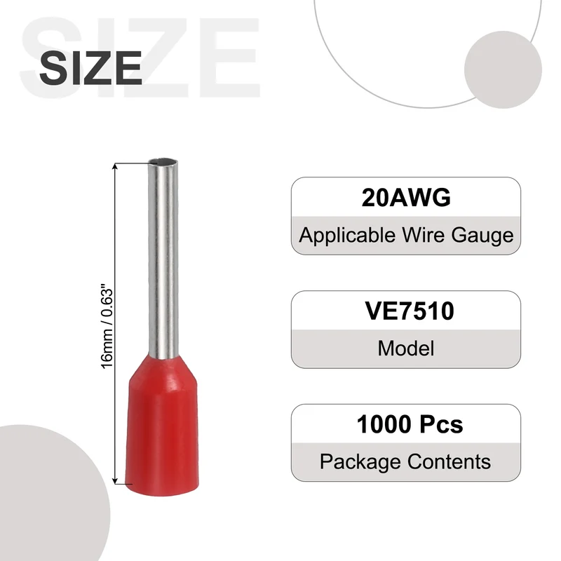 1000Pcs 20AWG Wire Ferrules Connectors VE7510 Red