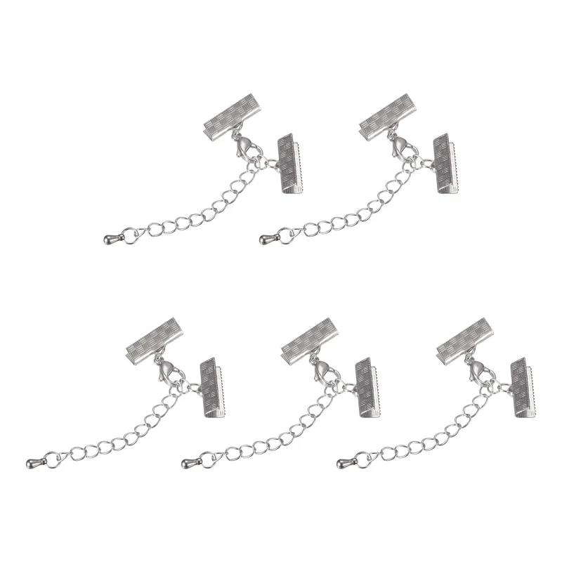 5Sets Ribbon Crimp Clamp Ends Lobster Claw Clasps & Chain 15mm Stripe Silver