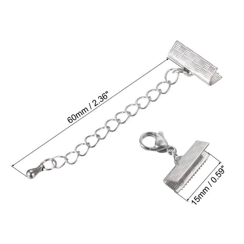 5Sets Ribbon Crimp Clamp Ends Lobster Claw Clasps & Chain 15mm Stripe Silver