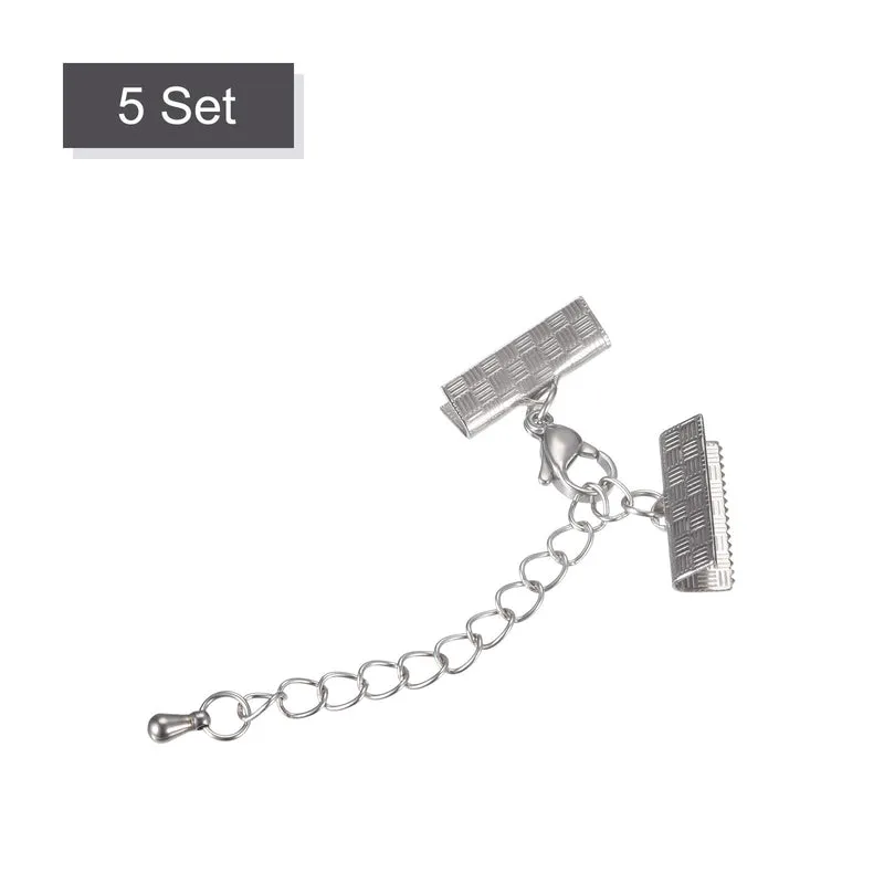 5Sets Ribbon Crimp Clamp Ends Lobster Claw Clasps & Chain 15mm Stripe Silver