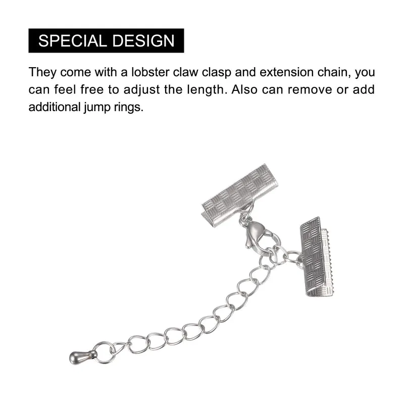 5Sets Ribbon Crimp Clamp Ends Lobster Claw Clasps & Chain 15mm Stripe Silver