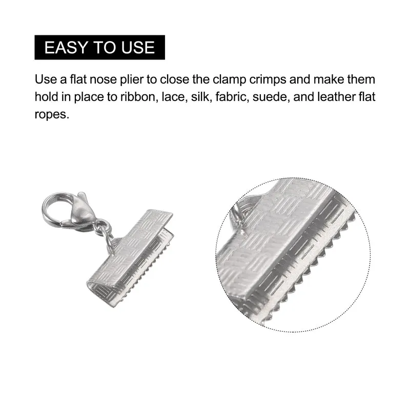5Sets Ribbon Crimp Clamp Ends Lobster Claw Clasps & Chain 15mm Stripe Silver