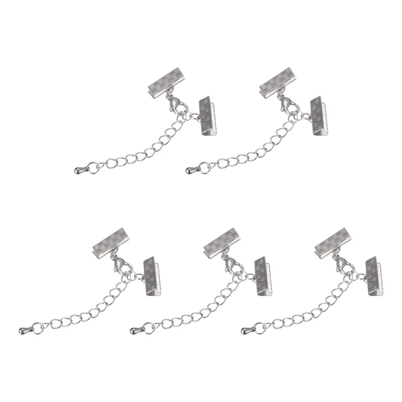 5Sets Ribbon Crimp Clamp Ends with Lobster Claw Clasps & Extension Chain, 13mm Stripe Cord End Clasps for DIY Craft Making, Silver Tone