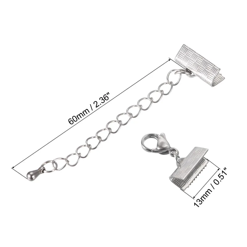 5Sets Ribbon Crimp Clamp Ends with Lobster Claw Clasps & Extension Chain, 13mm Stripe Cord End Clasps for DIY Craft Making, Silver Tone