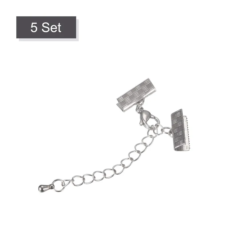 5Sets Ribbon Crimp Clamp Ends with Lobster Claw Clasps & Extension Chain, 13mm Stripe Cord End Clasps for DIY Craft Making, Silver Tone