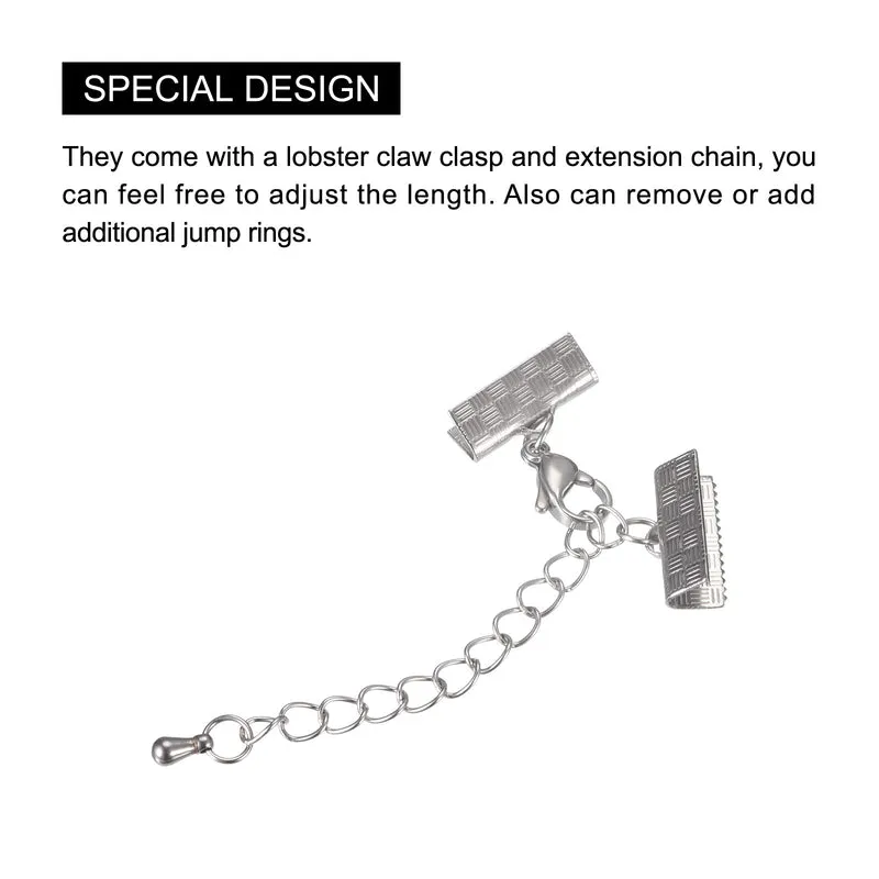 5Sets Ribbon Crimp Clamp Ends with Lobster Claw Clasps & Extension Chain, 13mm Stripe Cord End Clasps for DIY Craft Making, Silver Tone