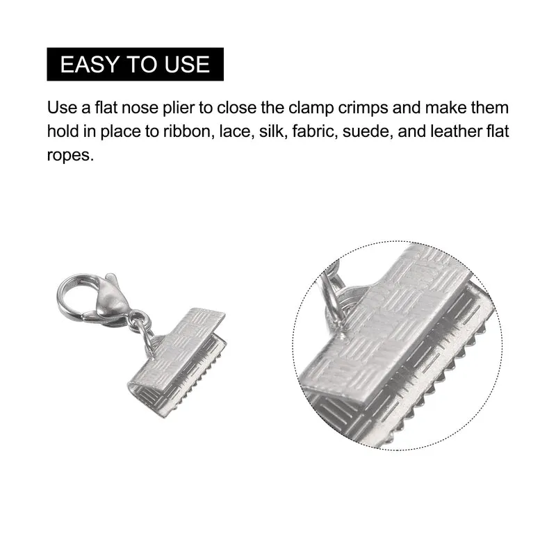 5Sets Ribbon Crimp Clamp Ends with Lobster Claw Clasps & Extension Chain, 13mm Stripe Cord End Clasps for DIY Craft Making, Silver Tone