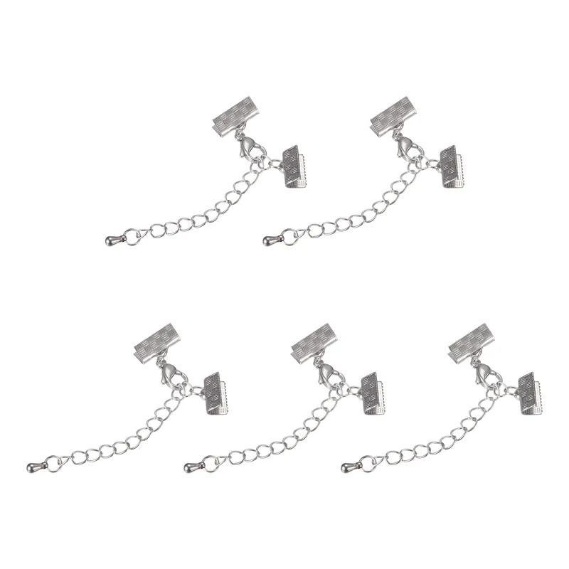 5Sets Ribbon Crimp Clamp Ends with Lobster Claw Clasps & Extension Chain, 10.5mm Stripe Cord End Clasps for DIY Craft Making, Silver Tone