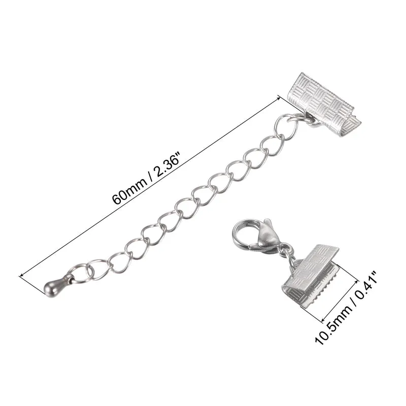 5Sets Ribbon Crimp Clamp Ends with Lobster Claw Clasps & Extension Chain, 10.5mm Stripe Cord End Clasps for DIY Craft Making, Silver Tone