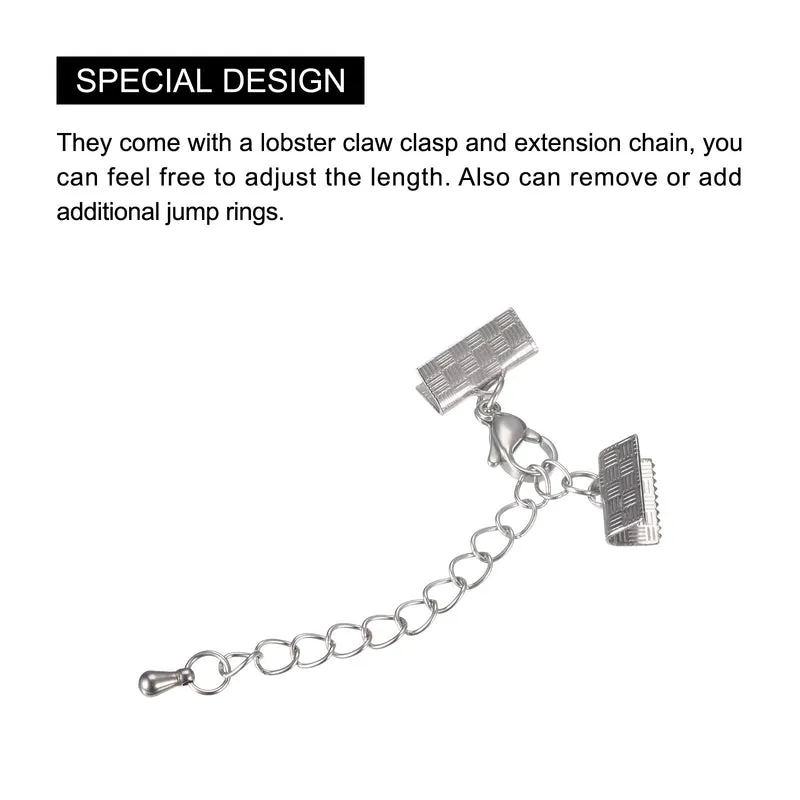 5Sets Ribbon Crimp Clamp Ends with Lobster Claw Clasps & Extension Chain, 10.5mm Stripe Cord End Clasps for DIY Craft Making, Silver Tone