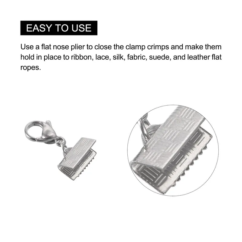 5Sets Ribbon Crimp Clamp Ends with Lobster Claw Clasps & Extension Chain, 10.5mm Stripe Cord End Clasps for DIY Craft Making, Silver Tone