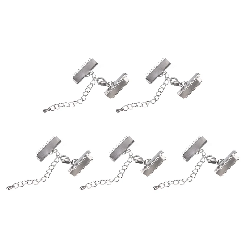 5Sets Ribbon Crimp Clamp Ends with Lobster Claw Clasps & Extension Chain, 20mm Smooth Cord End Clasps for DIY Craft Making, Silver Tone