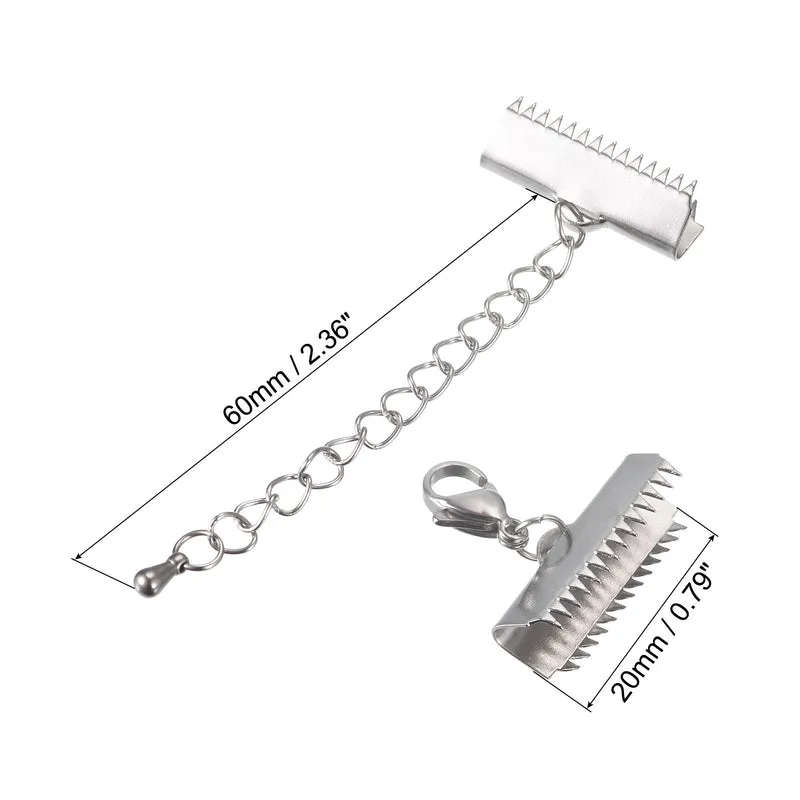 5Sets Ribbon Crimp Clamp Ends with Lobster Claw Clasps & Extension Chain, 20mm Smooth Cord End Clasps for DIY Craft Making, Silver Tone