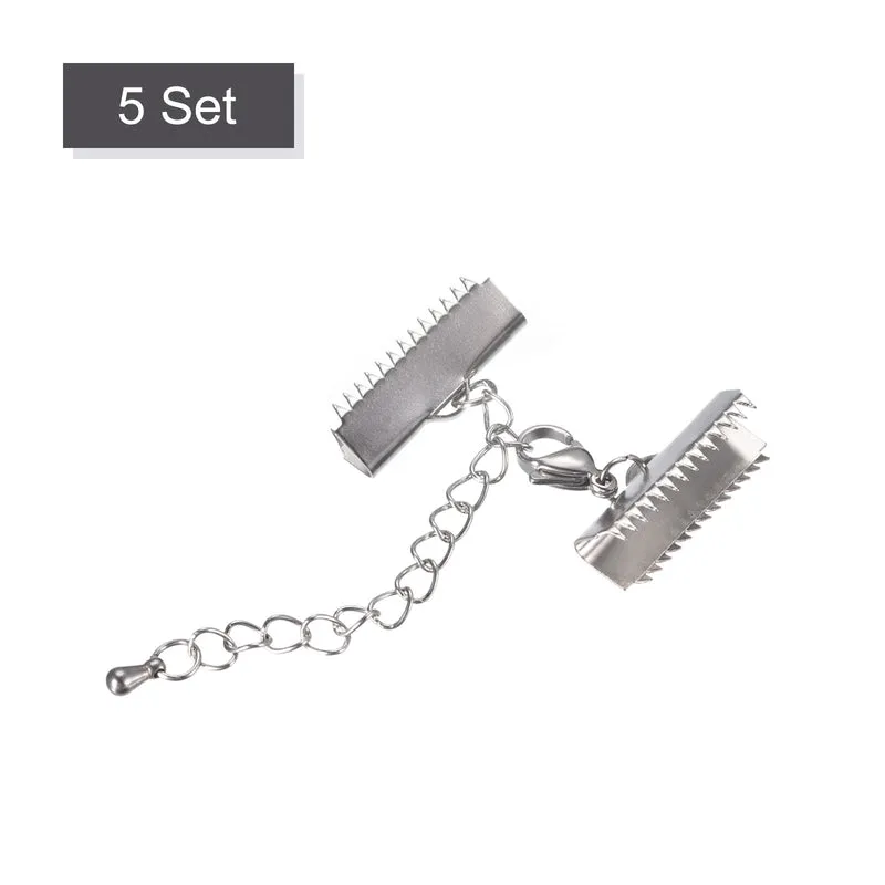 5Sets Ribbon Crimp Clamp Ends with Lobster Claw Clasps & Extension Chain, 20mm Smooth Cord End Clasps for DIY Craft Making, Silver Tone