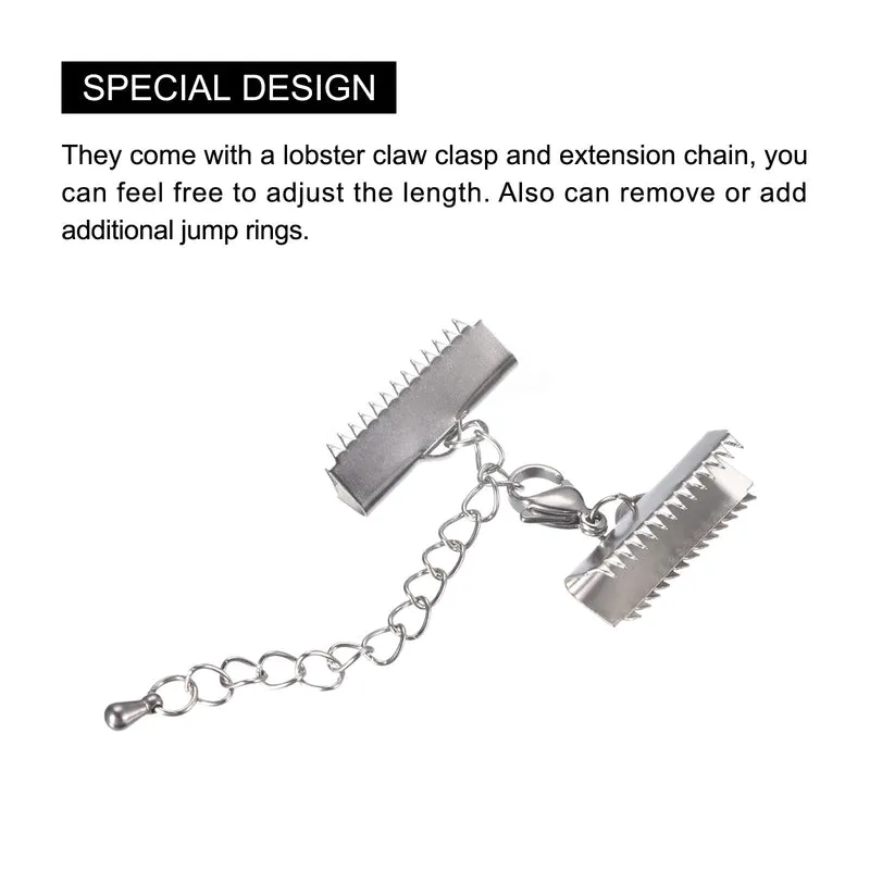 5Sets Ribbon Crimp Clamp Ends with Lobster Claw Clasps & Extension Chain, 20mm Smooth Cord End Clasps for DIY Craft Making, Silver Tone