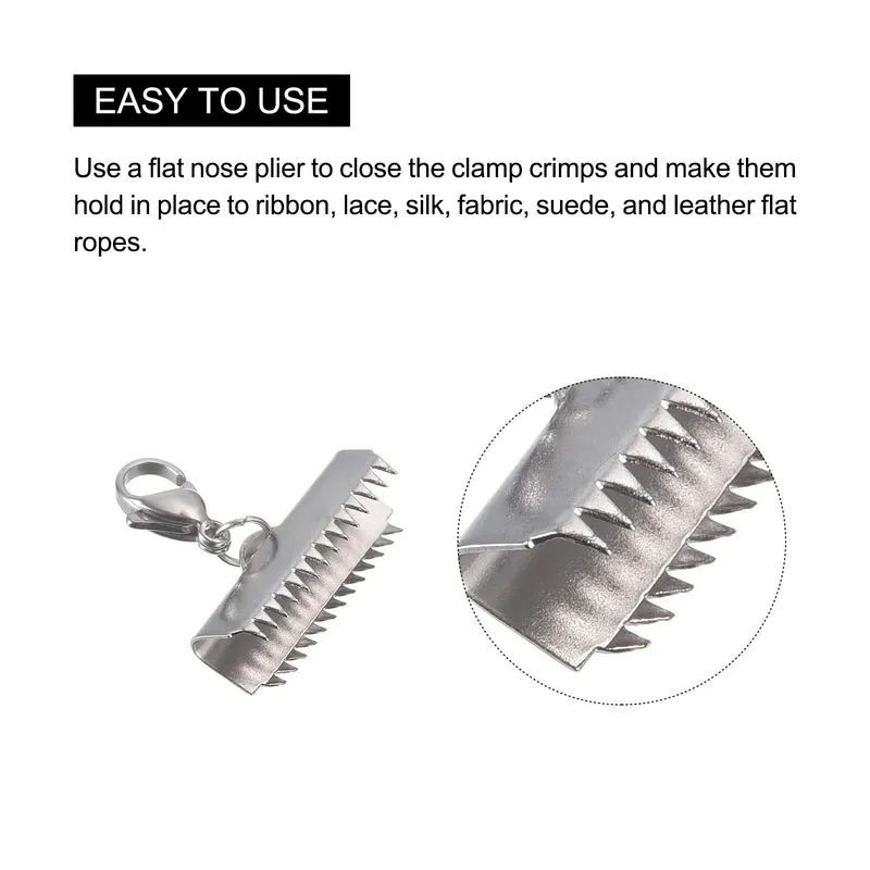 5Sets Ribbon Crimp Clamp Ends with Lobster Claw Clasps & Extension Chain, 20mm Smooth Cord End Clasps for DIY Craft Making, Silver Tone