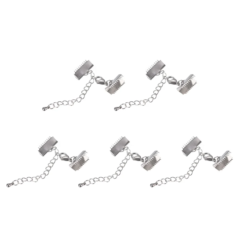 5Sets Ribbon Crimp Clamp Ends with Lobster Claw Clasps & Extension Chain, 15mm Smooth Cord End Clasps for DIY Craft Making, Silver Tone