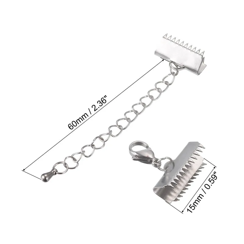 5Sets Ribbon Crimp Clamp Ends with Lobster Claw Clasps & Extension Chain, 15mm Smooth Cord End Clasps for DIY Craft Making, Silver Tone