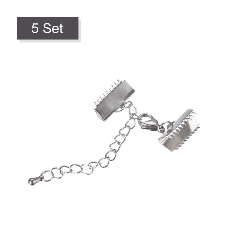 5Sets Ribbon Crimp Clamp Ends with Lobster Claw Clasps & Extension Chain, 15mm Smooth Cord End Clasps for DIY Craft Making, Silver Tone