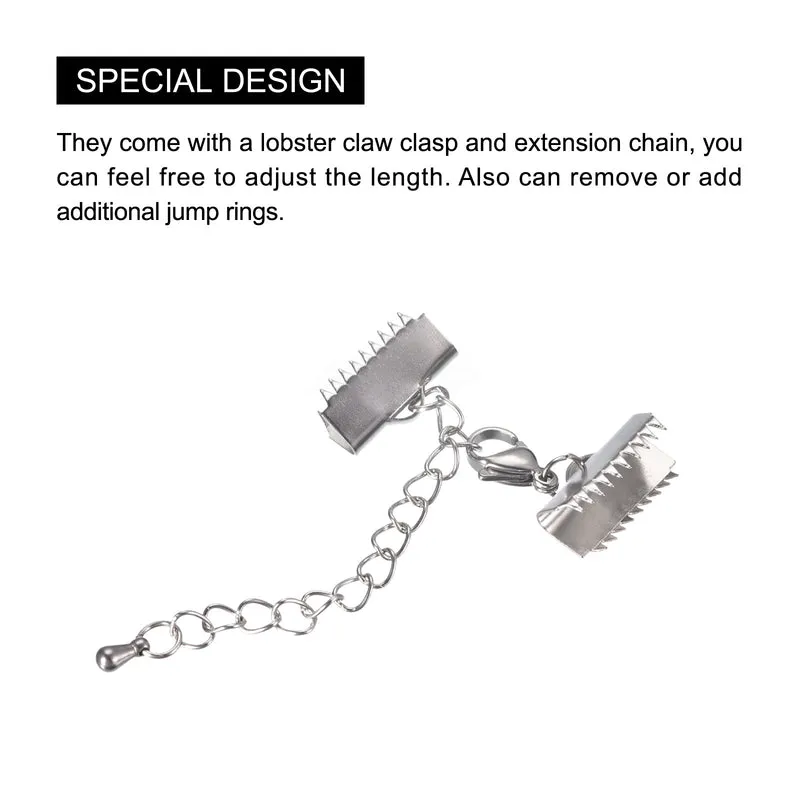 5Sets Ribbon Crimp Clamp Ends with Lobster Claw Clasps & Extension Chain, 15mm Smooth Cord End Clasps for DIY Craft Making, Silver Tone