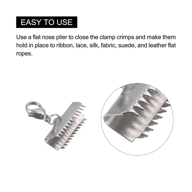 5Sets Ribbon Crimp Clamp Ends with Lobster Claw Clasps & Extension Chain, 15mm Smooth Cord End Clasps for DIY Craft Making, Silver Tone