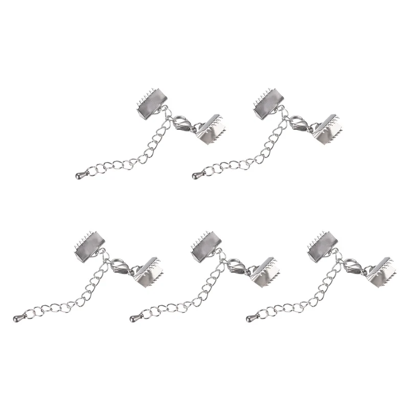 5Sets Ribbon Crimp Clamp Ends with Lobster Claw Clasps & Extension Chain, 10.5mm Smooth Cord End Clasps for DIY Craft Making, Silver Tone