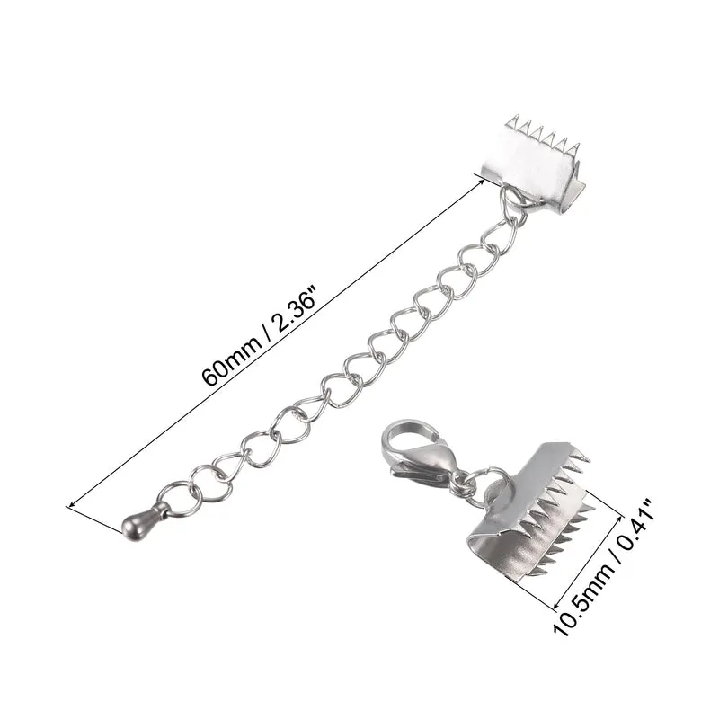 5Sets Ribbon Crimp Clamp Ends with Lobster Claw Clasps & Extension Chain, 10.5mm Smooth Cord End Clasps for DIY Craft Making, Silver Tone