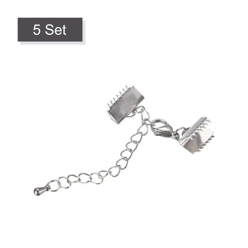 5Sets Ribbon Crimp Clamp Ends with Lobster Claw Clasps & Extension Chain, 10.5mm Smooth Cord End Clasps for DIY Craft Making, Silver Tone