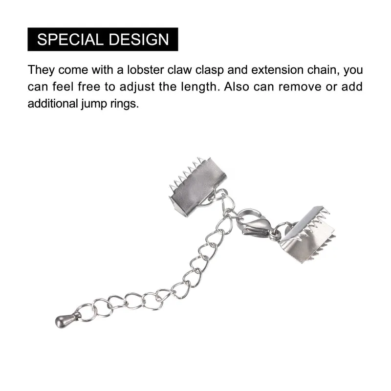 5Sets Ribbon Crimp Clamp Ends with Lobster Claw Clasps & Extension Chain, 10.5mm Smooth Cord End Clasps for DIY Craft Making, Silver Tone