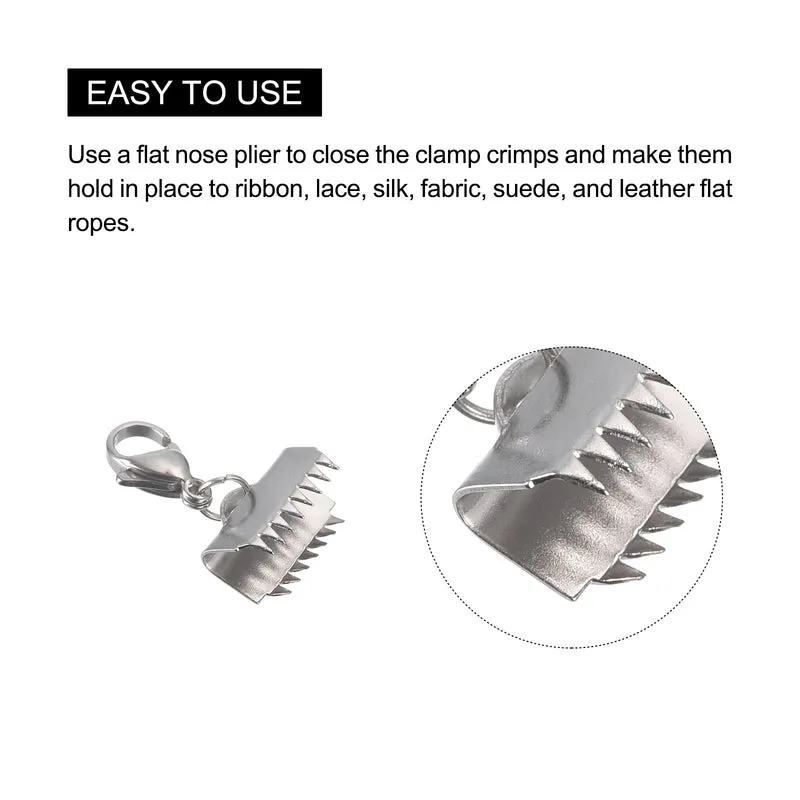 5Sets Ribbon Crimp Clamp Ends with Lobster Claw Clasps & Extension Chain, 10.5mm Smooth Cord End Clasps for DIY Craft Making, Silver Tone