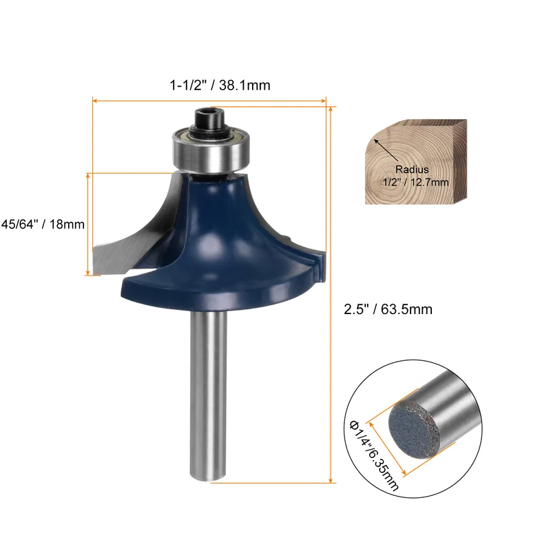 2pcs Roundover Router Bit 1/4 Shank 1/2" Radius Carbide Tipped Edge Rounding Over Bit with Bearing Guide, Woodworking Milling Tool