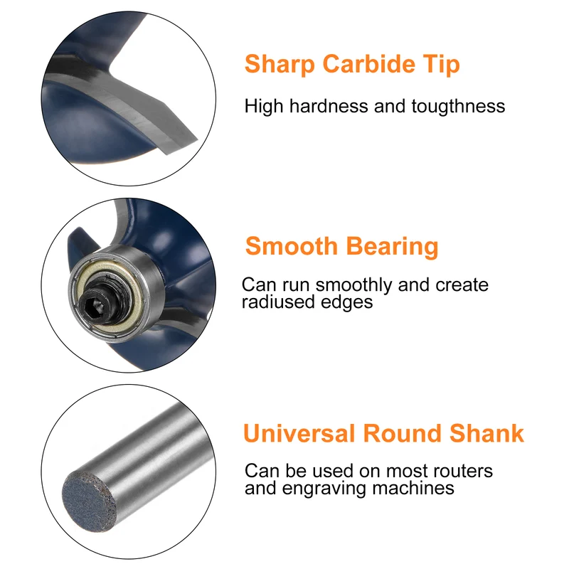 2pcs Roundover Router Bit 1/4 Shank 1/2" Radius Carbide Tipped Edge Rounding Over Bit with Bearing Guide, Woodworking Milling Tool