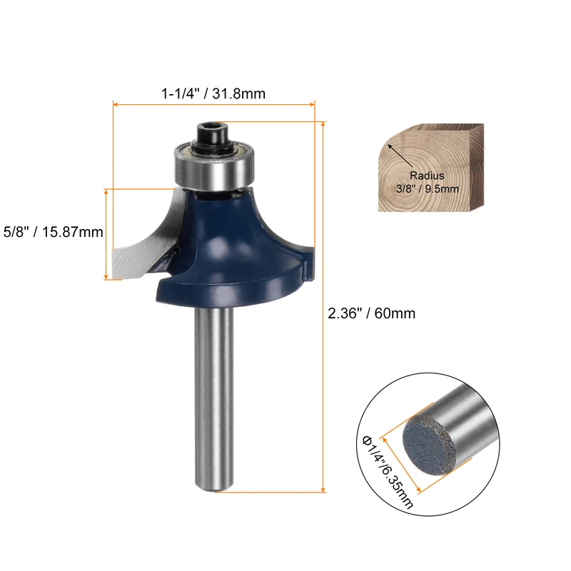 2pcs Roundover Router Bit 1/4 Shank 3/8" Radius Carbide Tipped Woodworking Tool