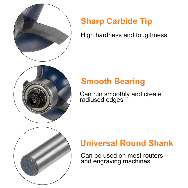 2pcs Roundover Router Bit 1/4 Shank 3/8" Radius Carbide Tipped Woodworking Tool