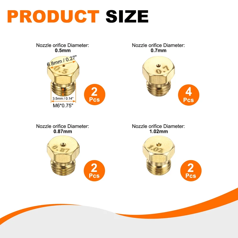 2Set Brass Jet Nozzles, M6 x 0.75 Gas Conversion（0.5/0.7/0.87/1.02mm） Replaces