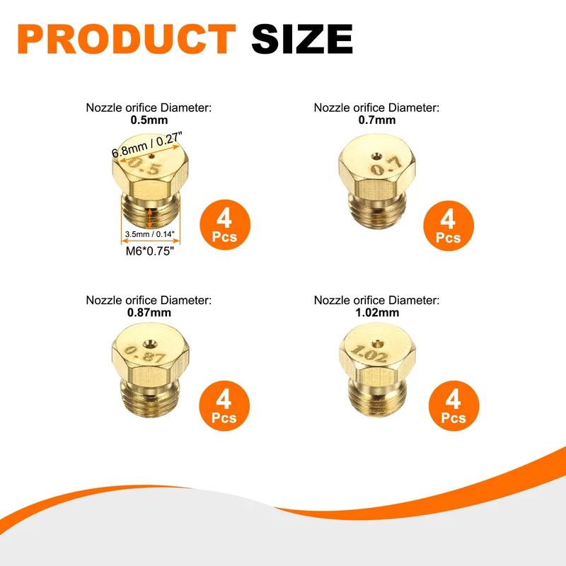 4Set Brass Jet Nozzles, M6 x 0.75 Gas Conversion（0.5/0.7/0.87/1.02mm） Replaces