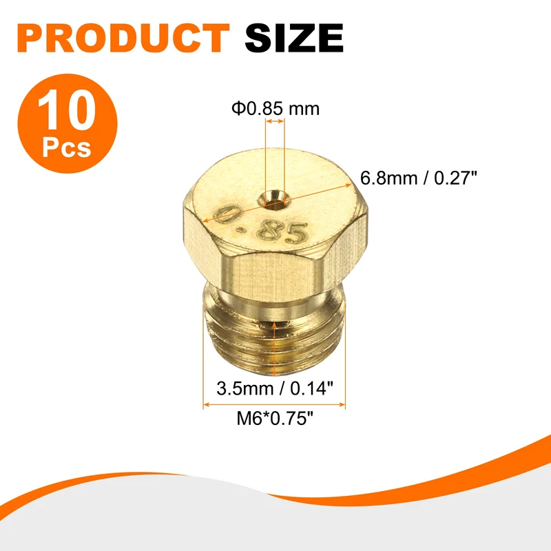 10Pcs Brass Jet Nozzles, M6 x 0.75 Gas Conversion Kit（0.85mm） Replacement Part
