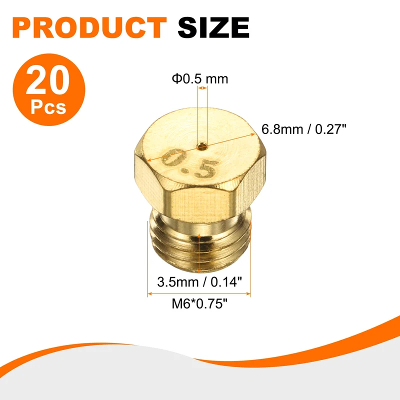 20Pcs Brass Jet Nozzles, M6 x 0.75 Gas Conversion Kit（0.5mm） Replacement Part