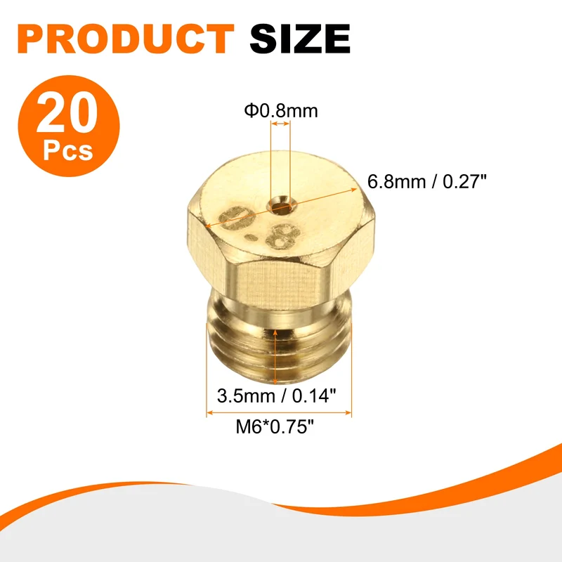 20Pcs Brass Jet Nozzles, M6 x 0.75 Gas Conversion Kit（0.8mm） Replacement Part
