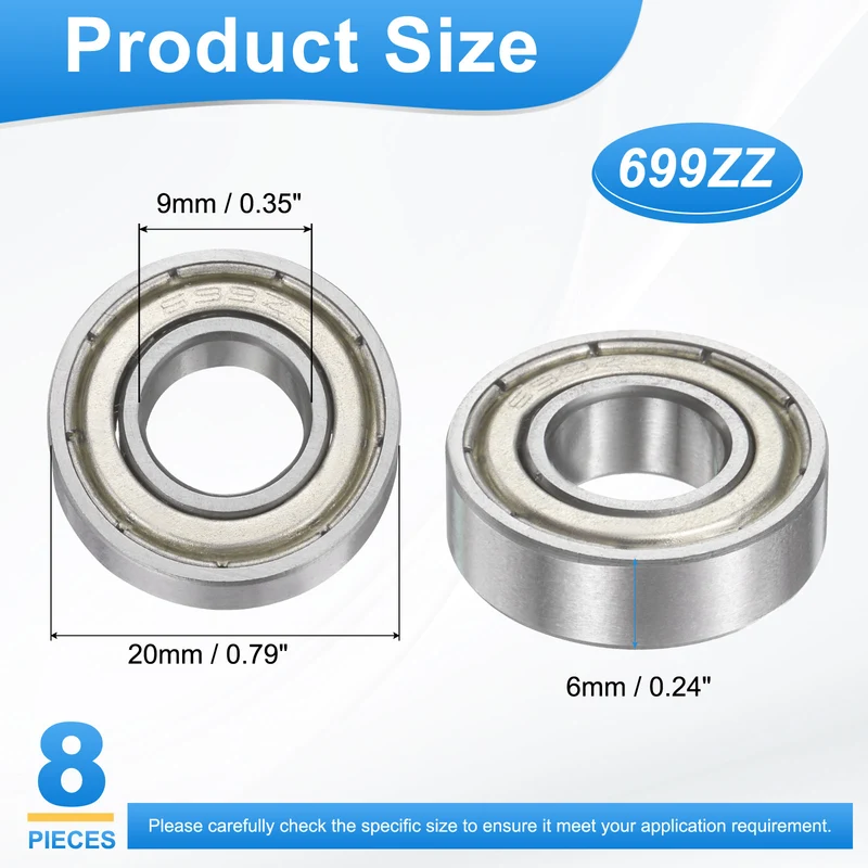 699ZZ 9x20x6mm Deep Groove Ball Bearing, 8Pcs Metal Sealed Industrial Bearing