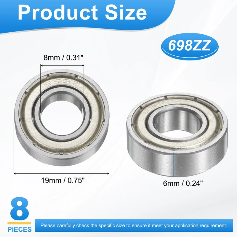 698ZZ 8x19x6mm Deep Groove Ball Bearing, 8Pcs Metal Sealed Industrial Bearing