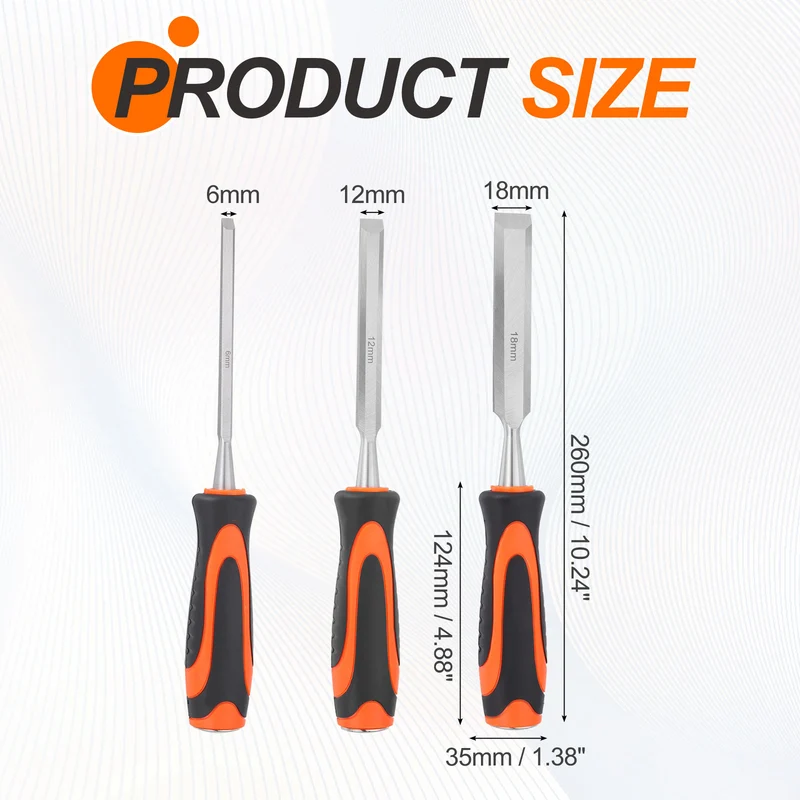 3pcs Wood Chisel 1/4"-11/16" CR-V Beveled Edge Blade Wood Woodworking Tools
