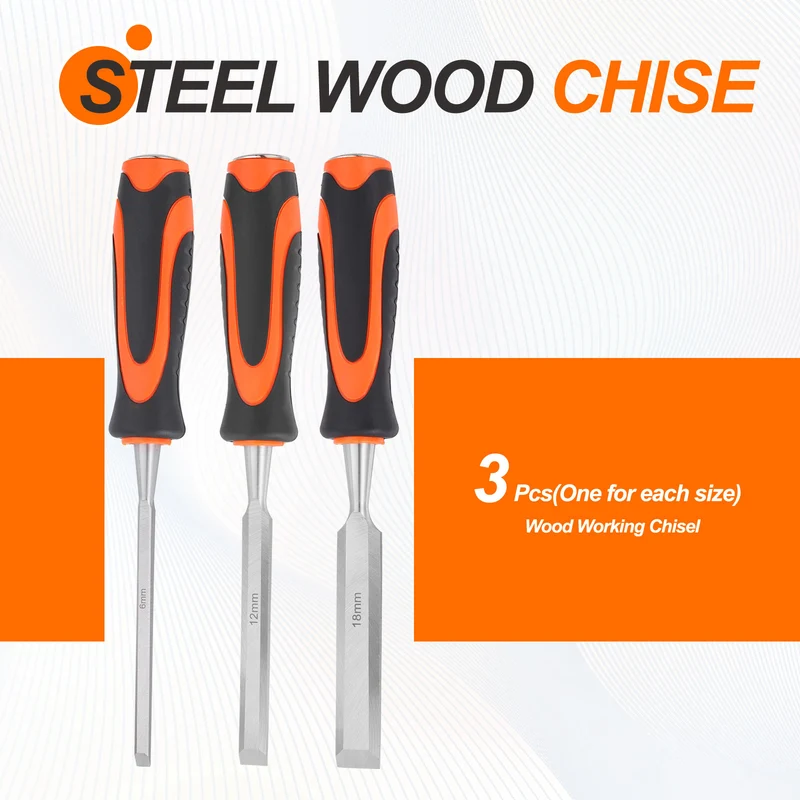 3pcs Wood Chisel 1/4"-11/16" CR-V Beveled Edge Blade Wood Woodworking Tools