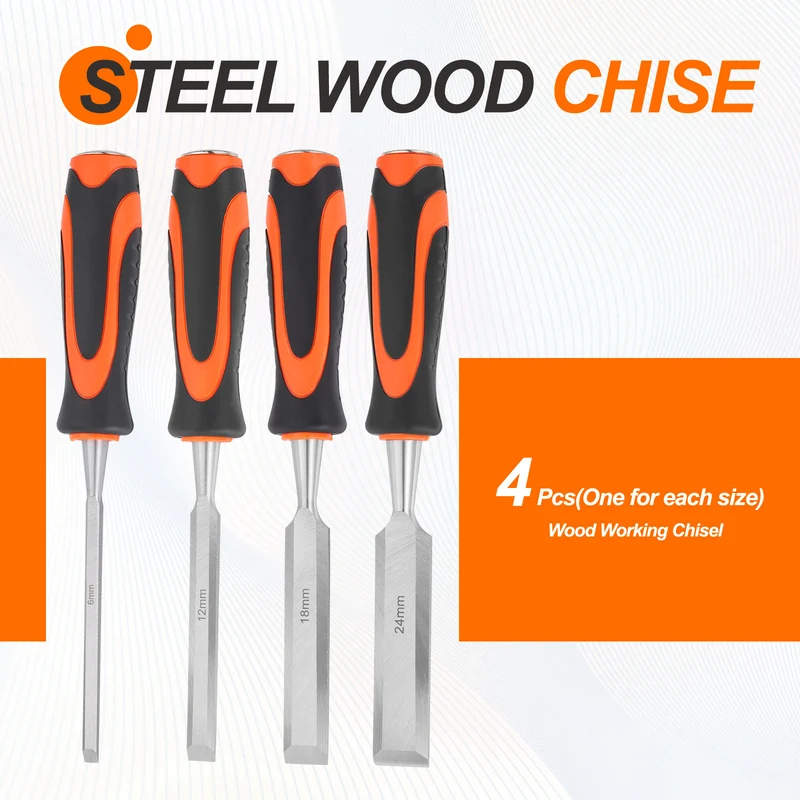 4pcs Wood Chisel 1/4"-15/16" CR-V Beveled Edge Blade Wood Woodworking Tools